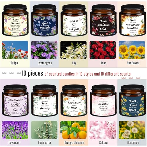 Landhoow 30 Pcs Christian Gifts for Women, 10 Pcs Scented Religious Bible Candles 10 Floral Verses Cards and 10 White Orga...