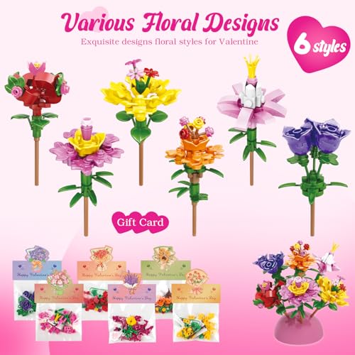 Valentines Day Gifts for Kids - 24 Pack Prepacked Valentine's Day Cards with Flower Building Blocks Crafts for School Clas...