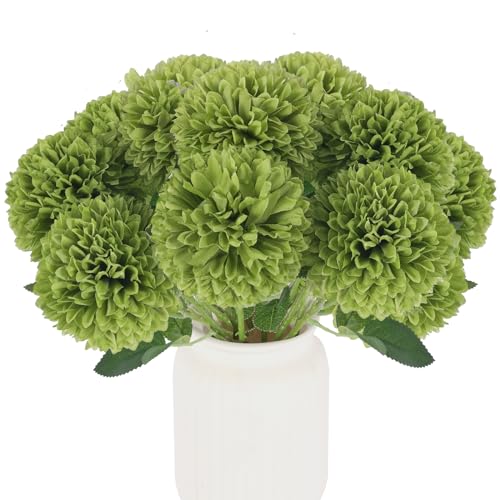 Hananona 12 Pcs Artificial Chrysanthemums Flowers Ball Flower, Fake Mums Flowers Green Silk Flowers for Home Decor Indoor ...