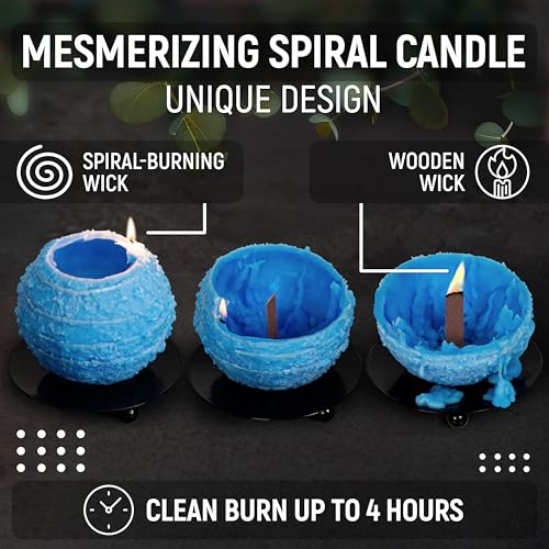Spiral Candle Burn Around, Unscented Unique Shaped Decorative Candle on Metal Base, 4.5" Blue Beeswax Soy Wax Candle, 4h B...