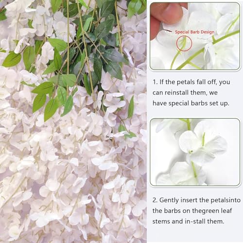 12Pcs Artificial Wisteria Flowers 3.6 Feet/Piece White Dense Artificial Fake Wisteria Vine Ratta Hanging Garland Silk Flow...