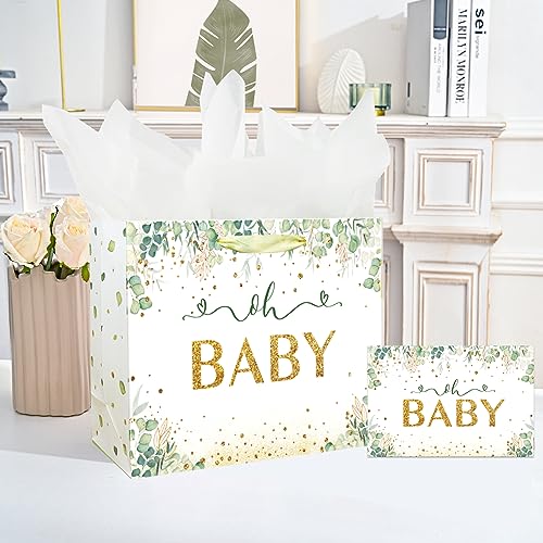 13" Large Baby Boy Girl Gift Bag for Baby Shower or Birthday with Handle, Tissue Paper and Greeting Card (13" Green)