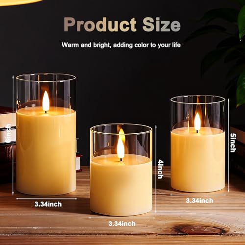 Eynshoo Gold Flameless LED Candles with Remote & Timer, 3-Piece Flickering Pillar Candle Set, Realistic Flame Effect, Adju...