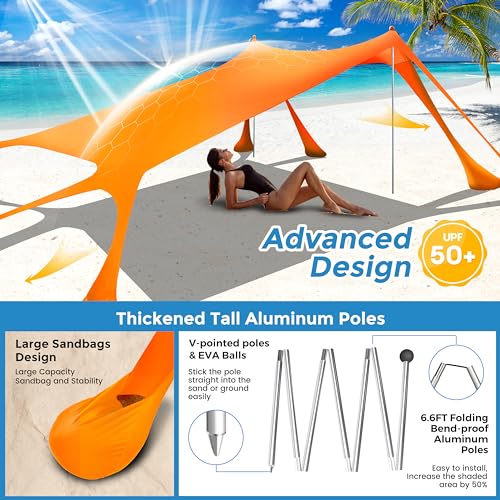 VIONMI Beach Canopy Beach Tent Pop Up Shade 10x10ft Sun Shelter UPF50+ with 8 Sandbags-2 Sand Shovel-4 Aluminum Poles-Grou...