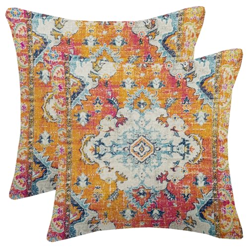 AELUTYSH Vintage Boho Pillow Covers 18X18 Inch Set of 2 Antique Ethnic Orange Teal Carpet Pattern Throw Pillow Covers Bohe...