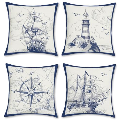 Bonhause Nautical Sailing Throw Pillow Covers 18 x 18 Inch Set of 4 Sailboat Compass Lighthouse Decorative Pillows Case Po...