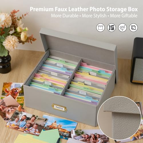 Photo Storage Box with Lid – Premium Faux Leather Organizer with Plastic Dividers, Holds Up to 1800 4x6 Photos, Memory Kee...