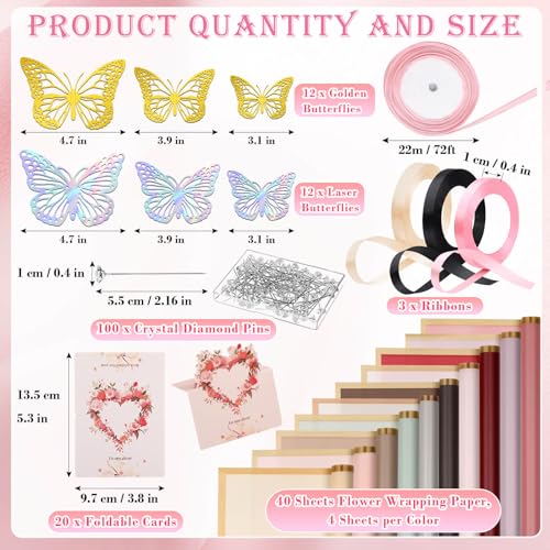 Thrilez 187PCS Flower Bouquet Wrapping Paper Kit Includes 40 Floral Paper, 24 Butterflies, 100 Bouquet Pins, 3 Ribbons and...