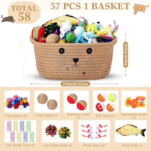 Zopeal 58 Pcs Mother’s Day Cat Storage Basket Gift Toys Set, Colorful Flashing Balls Pet Bell Crinkle Balls Spring Toys At...