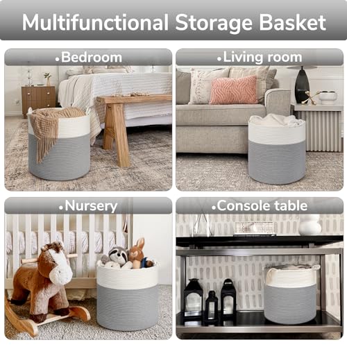 Goodpick Cotton Rope Storage Basket, 15 x 14.2 Inches Baby Laundry Baskets for Clothes, Toy Storage Blanket Basket With Ha...