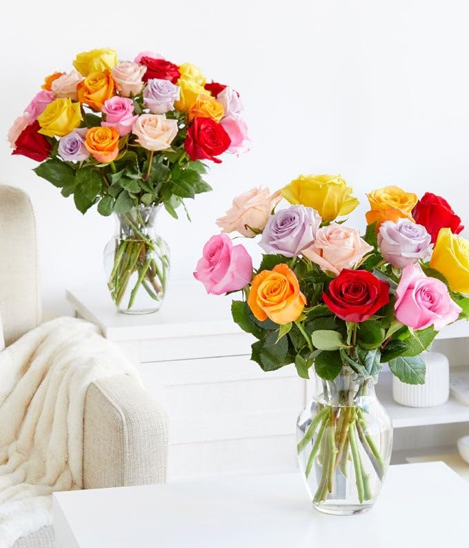 From You Flowers - One Dozen Rainbow Roses with Chocolates & Bear with Glass Vase | Fresh Flower Bouquets for Birthday, An...