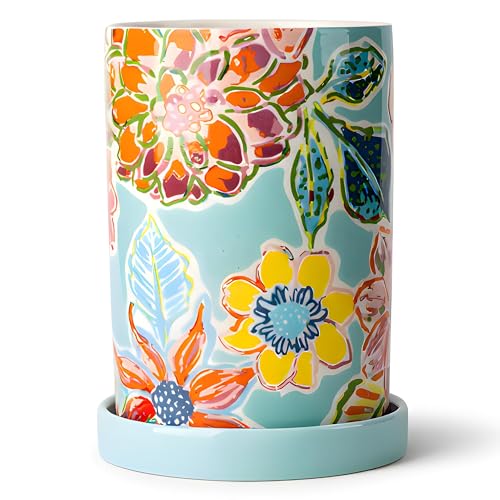Utensil Holder for Kitchen Counter, Large Ceramic Utensil Holder Crock with Drain Tray, Hand-Painted Floral Rustic Farmhou...