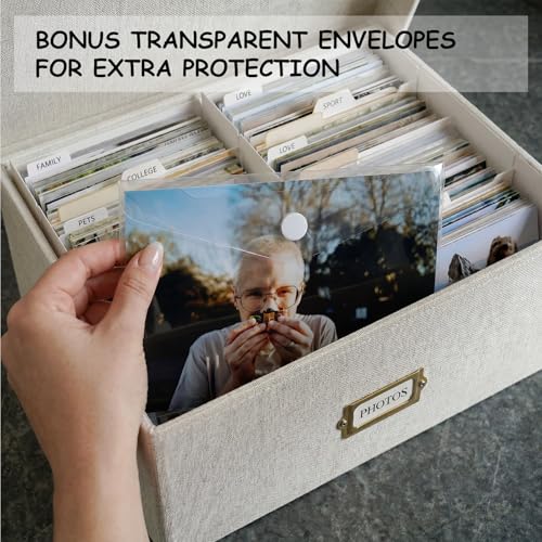 LEARNIBEE Decorative Photo Storage Box, Sturdy Linen Photo Organizer with Dividers & Envelopes, Holds Up to 1700 Pictures ...