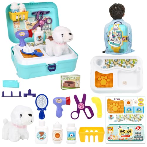 Pet Care Play Set for Kids, 16Pcs Doctor Kit Pretend Play Vet Puppy Dog Grooming & Feeding Toys with Backpack, Educational...