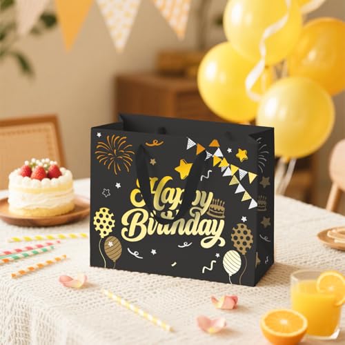13” Black Birthday Gift Bag with Tissue Paper and Greeting Card, Happy Birthday Gift Bags for Party, Hot Foil Stamping Des...