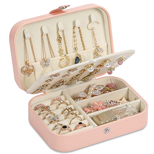 XZUZ Travel Jewelry Box, PU leather Small Jewelry Organizer For Female Girls, double layer portable mini travel case for s...