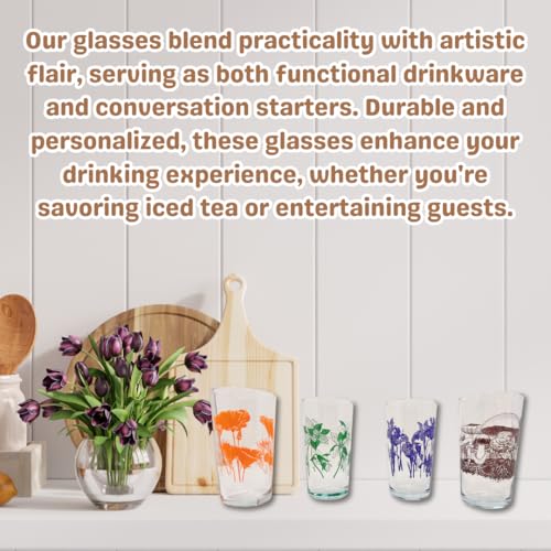 DOWN TO EARTH BASICS Vintage Glasses Set – 7 oz Retro Tumbler Variety Pack – Poppy, Iris, Trillium, Mushroom – Durable Flo...