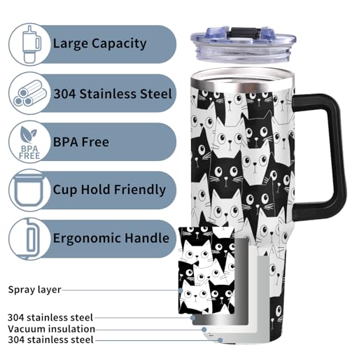 OMFUNS 40 oz Insulated Tumbler with Handle - Funny Black Cat Stainless Steel Metal Water Bottle with Lid and Straw, Everyt...