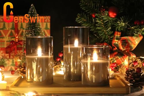 GenSwin Gray Glass Battery Operated Flameless Led Candles with 10-Key Remote and Timer, Real Wax Candles Warm White Flicke...