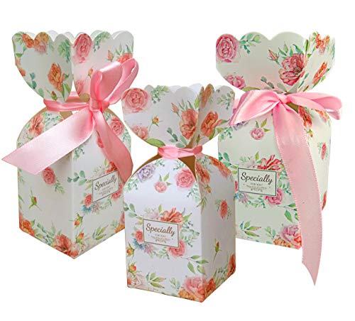 Lontenrea 50 Pcs Floral Pattern Candy Boxes Wedding Birthday Party Favor Gift Box with 50pcs Light Pink Ribbon