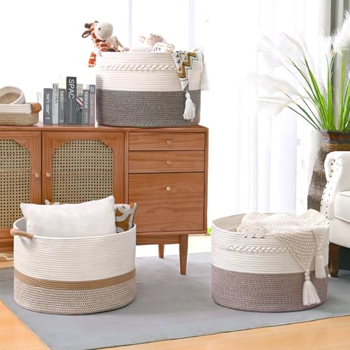 Degeyoyo 67L Large Blanket Basket, 20"x13" Woven Storage Baskets With Handle, Cotton Rope Blanket Basket Living Room, Baby...