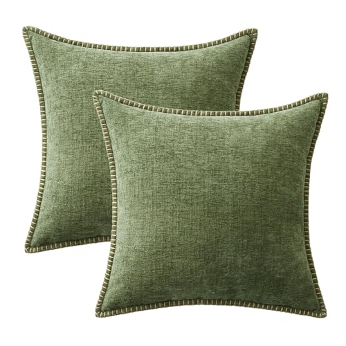 MIULEE Pack of 2 Couch Throw Pillow Covers 18x18 Inch Sage Green Farmhouse Decorative Pillow Covers with Stitched Edge Sof...