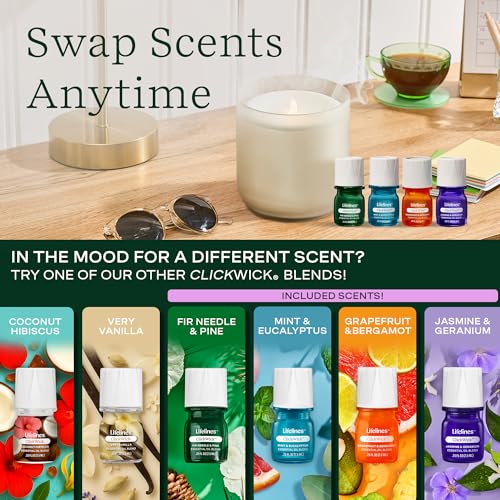 Lifelines Flameless Candle Aromatherapy Essential Oil Diffuser with 4 ClickWick Essential Oil Blends Value Pack - Cordless...