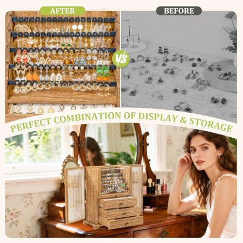 Srillollar Jewelry Box Organizer, Rustic Wooden Jewelry Boxes for Women Girls, Large Storage Earring Holder Organizer Disp...