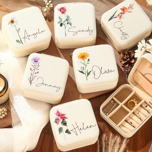 DayOfShe Personalized Travel Jewelry Box with Name and Birth Flower Bridesmaid Proposal Gifts,Personalized Mothers Gifts C...