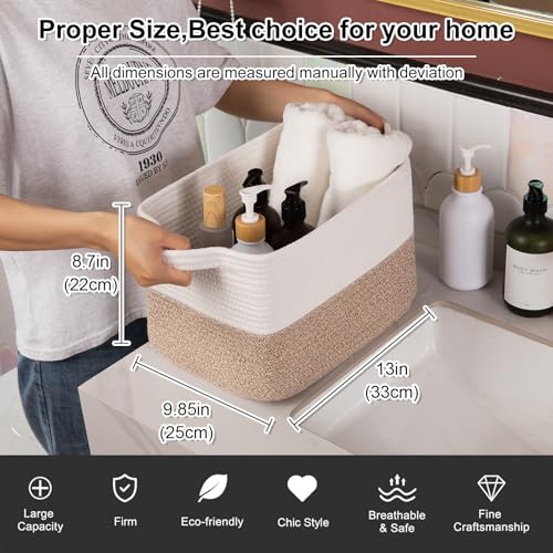 OIAHOMY Woven Storage Basket for Shelves, Rectangle Cotton Rope Baskets for Organizing, 13 x 10 x 9 in, Storage Bins for D...