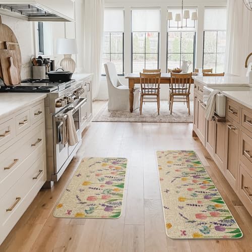 Artoid Mode Lavender Tulip Spring Kitchen Mats Set of 2, Seasonal Flower Summer Home Decor Low-Profile Kitchen Rugs for Fl...