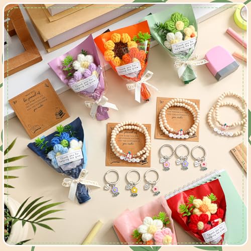 Wavwavw 6 Set Teacher Appreciation Gifts Bulk Include Positive Handmade Mini Crochet Flowers Bouquet Flower Keychains Wood...