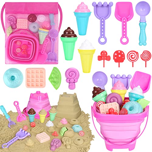 Collapsible Beach Toys Set for Kids Toddlers Girls, Collapsible Sand Bucket and Shovels Set with Mesh Bag & Sand Molds, Ic...