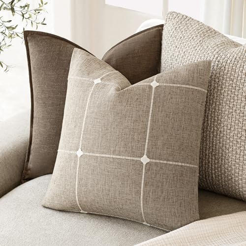 Foindtower Pack of 2 Decorative Faux Linen Jacquard Check Throw Pillow Covers Farmhouse Cushion Cover with Grid Textured A...