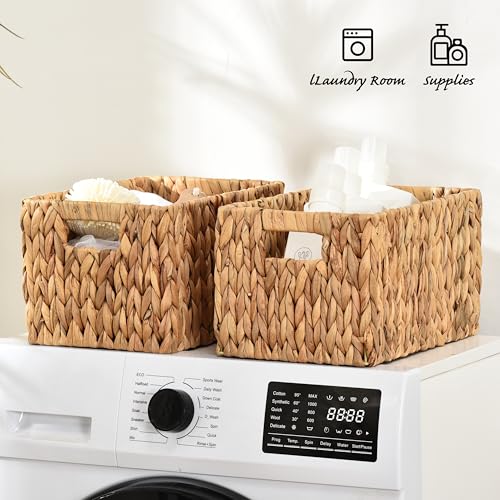 ELONG HOME Water Hyacinth Rectangular Wicker Baskets, 12" Wicker Basket 2 Pack, Woven Storage Baskets with Handles