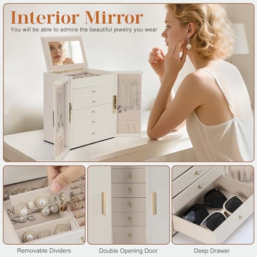 Dajasan Large Jewelry Organizer Box, Jewelry Boxes for Women Girls, 6-Tier Jewelry Storage Organizer with Mirror for Neckl...