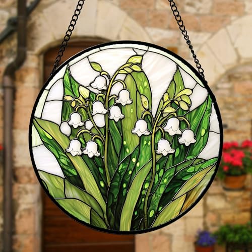 DASTOLL Stained Glass Window Hanging, Lily of the Valley Flower Sun Catchers Colorful Glass Panel Green Plants Suncatcher ...