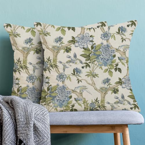 Sorktse Chinoiserie Pillow Covers 18x18 Inch Set of 2 Blue Green Floral Bird Throw Pillows Vintage Chinoiserie Flower Pill...