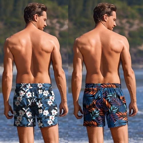 Ekouaer 2 Pack Men's Swim Trunks 5" with Compression Liner 2 in 1 Board Shorts Quick Dry Bathing Suit Swimwear Zipper Pocket