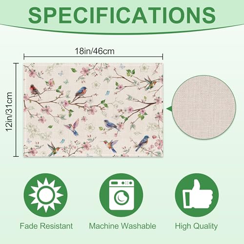 Cusugbaso Spring Placemats Set of 4 12x18 inch for Dinning Table - Floral Bird Branch Spring Decor for Party, Dinner - Far...
