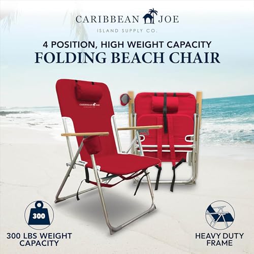 CARIBBEAN JOE Folding Beach Chair, 4 Position Portable Backpack Foldable Camping Chair with Headrest, Cup Holder, and Wood...