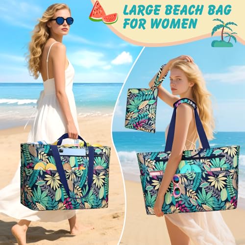 ZENTREON Extra Large Beach Bags for Women, Waterproof Beach Tote Bag with Zipper and Wet Pocket, Foldable Swim Pool Bag