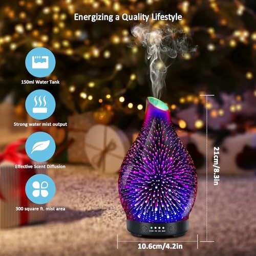 Essential Oil Diffuser 150ML -3D Firework Glass Aromatherapy Diffusers for Essential Oils with 4 Timer Setting Auto Shut-O...