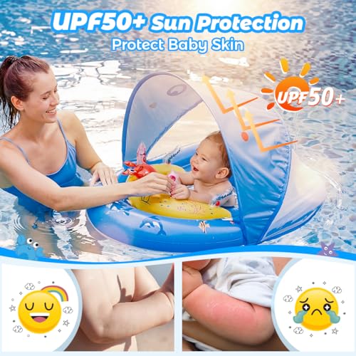 LAYCOL Baby Pool Float with Canopy UPF50+, 120°Adjustable Sun Protection and Anti-Tip Safety Seat, Inflatable Toddler Floa...