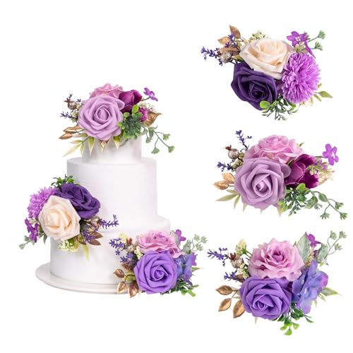 TINGE TIME 3Pcs Pre-made Cake Toppers, Silk Artificial Flowers Decor, Cake Decorations for Weddings, Birthdays, Party,Baby...