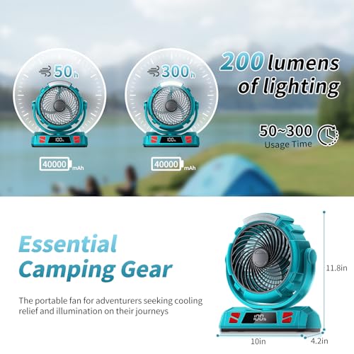 Camping LED Fan with Light, 40000mAh Rechargeable Battery Powered Outdoor Tent Fan with Light and Hook, 6 Speed, Personal ...