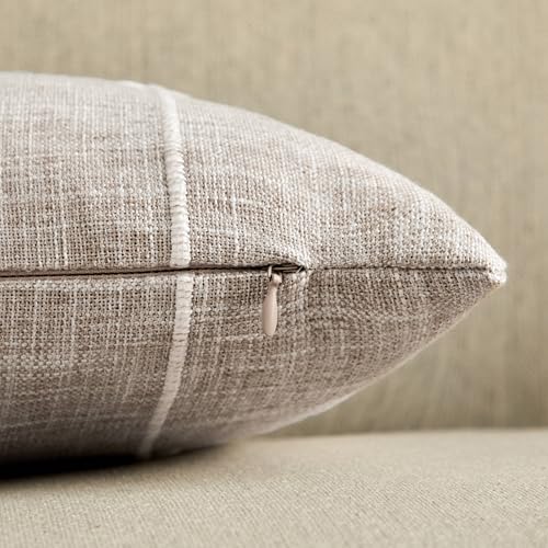 YZJZEDS 2 Packs Grid Embroidery Lumbar Throw Pillow Covers, 12x20 Inch Taupe, Farmhouse Linen Decorative Light Brown Cushi...