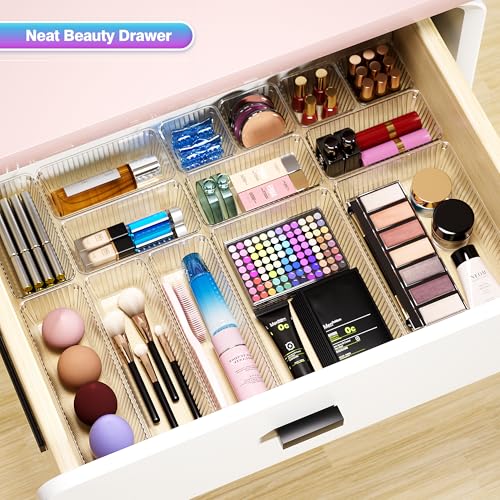 Okylvve 25 PCS Clear Plastic Drawer Organizer Set - 4 Sizes Makeup Organizer Desk Drawer Divider Bathroom Organizers and S...