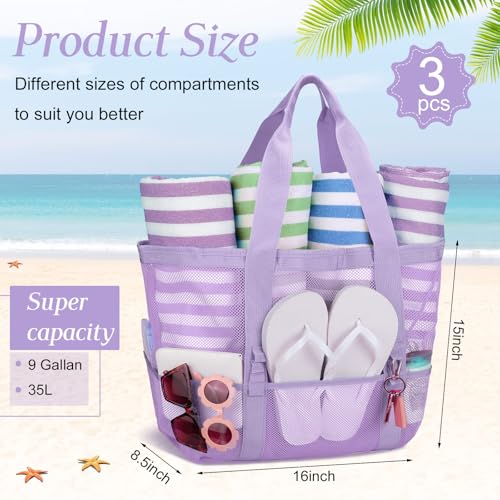 Hillban Large Beach Mesh Bags Bulk for Women Beach Tote Bag with 8 Pocket Zipper Waterproof Sandproof for Pool Cruise Ship