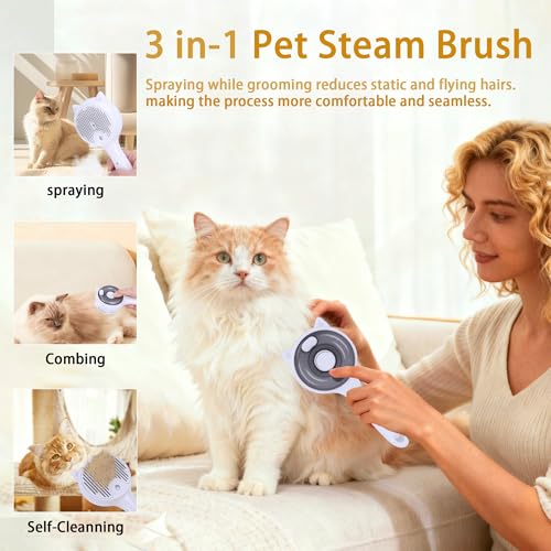 Pet Steam Brush for Cats & Dogs ，3-in-1 Pet Grooming Comb，Reduces Shedding, Soft Bristles, Promotes Healthy Coat-Comes - I...